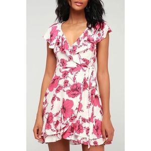 Free People White Mini Wrap Dress with Pink Floral Print